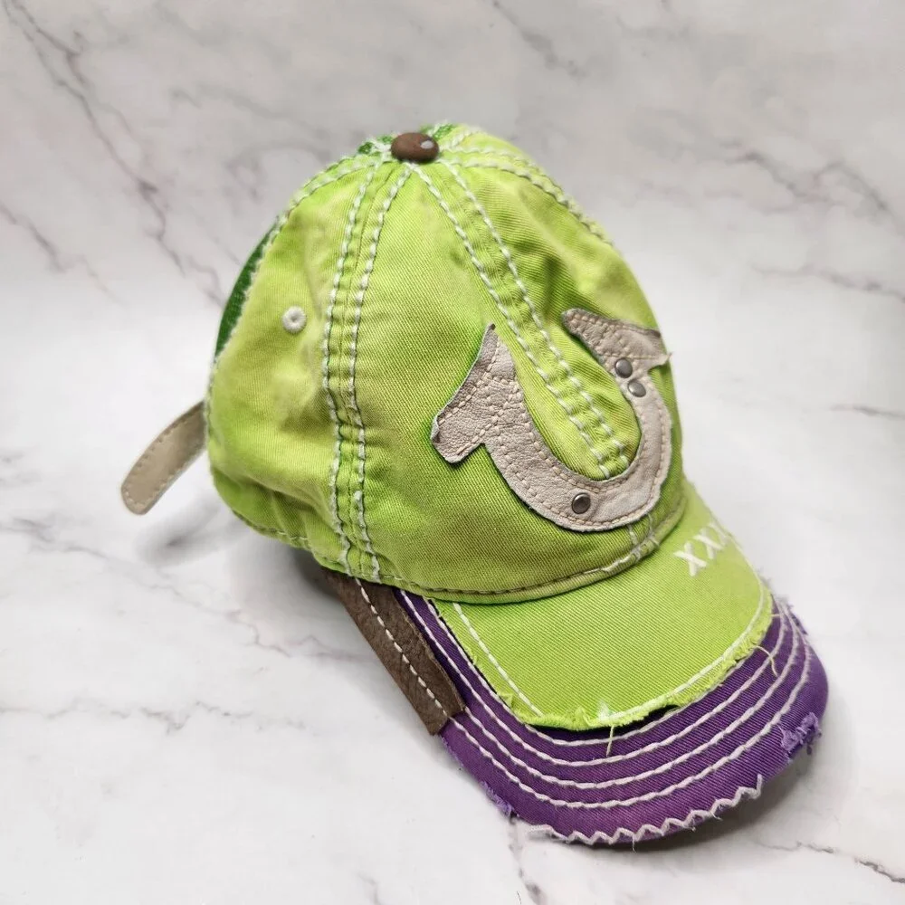 True Religion Vintage Y2K XXX Distressed Baseball Trucker Hat Horseshoe Green OS